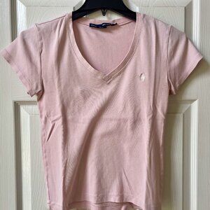 Ralph Lauren Sport Women's Pink V-neck cotton short sleeve T-Shirt Size L